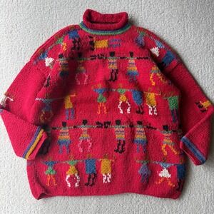 Vintage 90s Amano Sweater Red Wool Hand Knit People Intarsia Roll Neck Aztec AOP